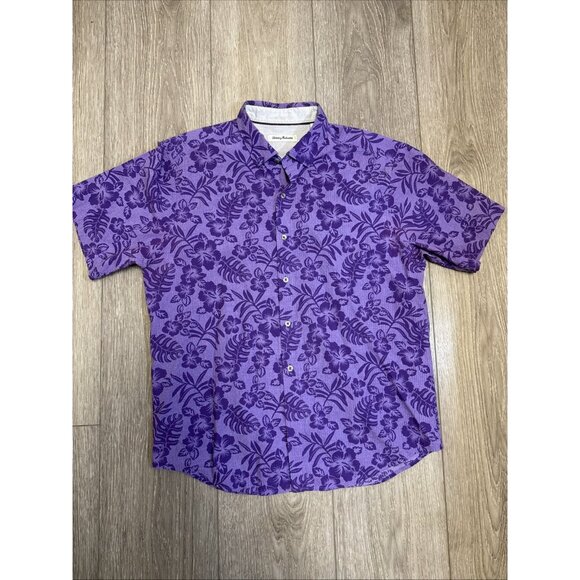 TOMMY BAHAMA LARGE NEW Purple Leaves Print Hawaiian Shirt - Picture 1 of 10